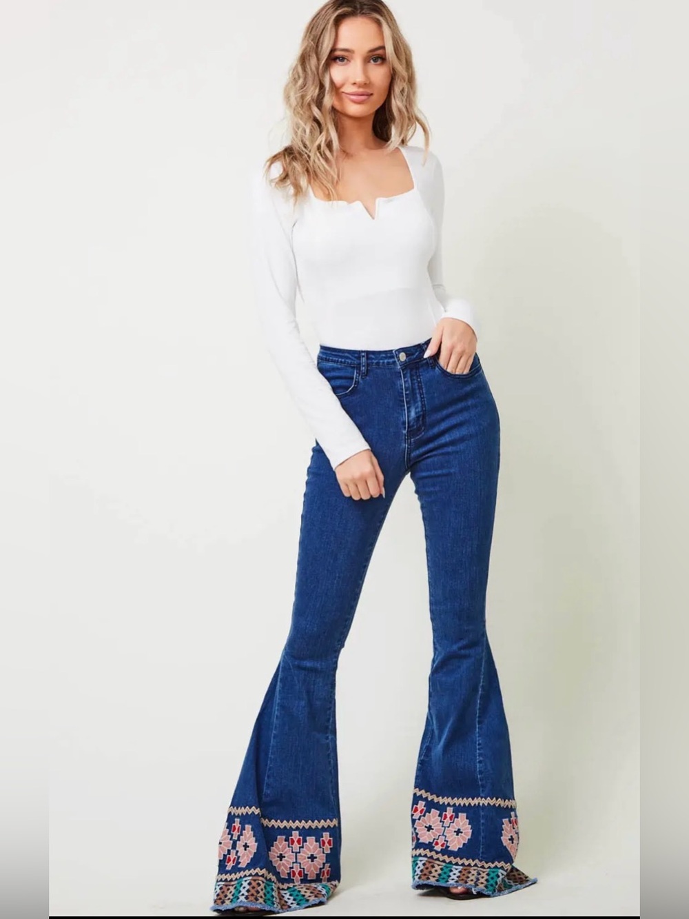 Embroidered Hem Dark Blue Flare Jeans